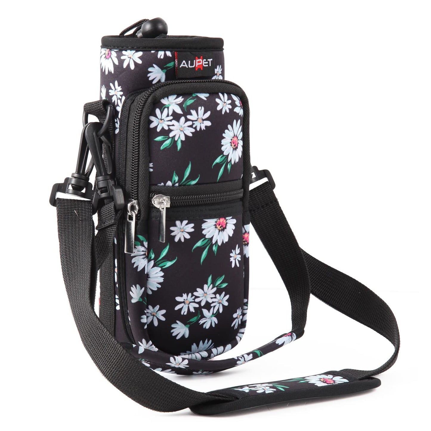 AUPET Water Bottle Sling Bag Sleeve Holder Carrier 25/32/40/64 oz,Insulated Crossbody Water Bottle Case Cover with Strap and Pockets for Men/Women Walking Hiking Camping (25oz, white flowers)