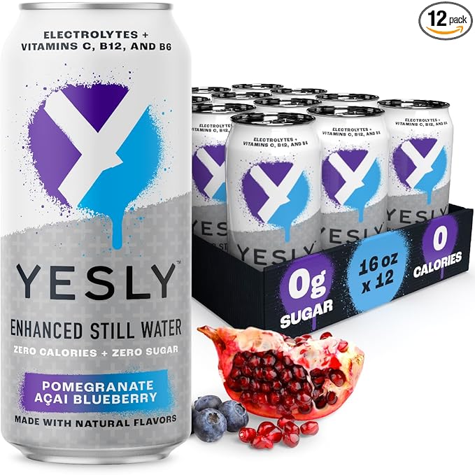 Yesly Functional Water, Pomegranate Acai Blueberry, Naturally Flavored Still Water with Electrolytes, Magnesium, Potassium, Vitamin C, B6 & B12, Zero Sugar, No Artificial Sweeteners, 16 Fl Oz Cans, 12 Pack