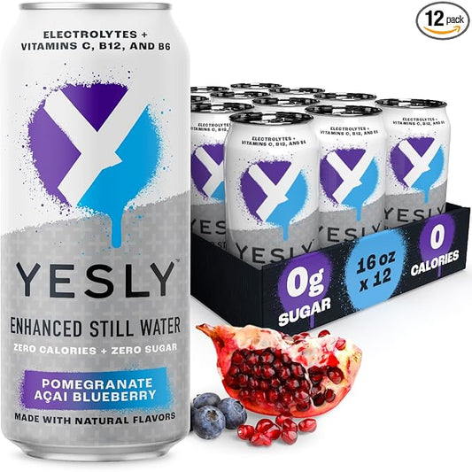 Yesly Functional Water, Pomegranate Acai Blueberry, Naturally Flavored Still Water with Electrolytes, Magnesium, Potassium, Vitamin C, B6 & B12, Zero Sugar, No Artificial Sweeteners, 16 Fl Oz Cans, 12 Pack