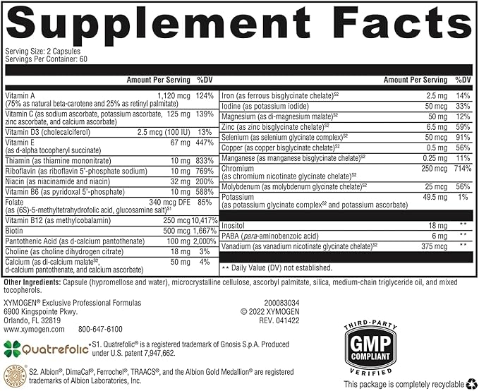 XYMOGEN ActivNutrients with Iron and Copper - Multivitamin Multimineral for Wellness, Immune, Energy and Mood Support - Chelated Minerals + Active B Vitamins with Folate (120 Capsules)