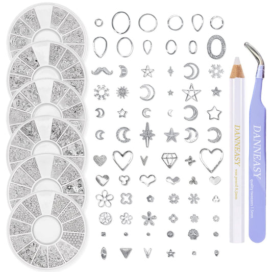 Danneasy 3D Nail Charms Nail Jewels Silver Nail Art Charms Charms For Nails Metal Nail Studs Nail Jewelry For Acrylic Nails Diy
