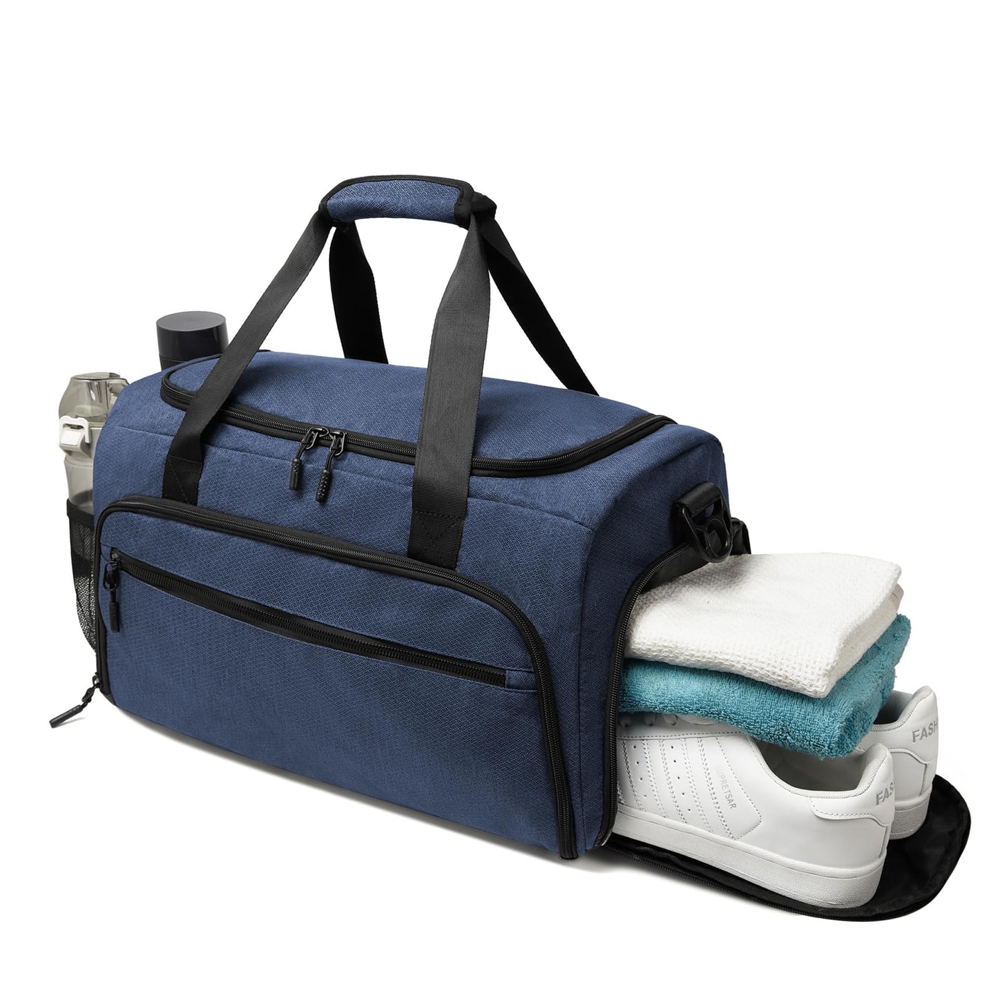 Gym Bag for Men Women, Small Fitness Workout Sports Duffle Bag with Wet Pocket & Shoes Compartment, Water Resistant Overnight Weekender Duffel Bag in Blue