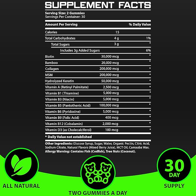 BBS Beard Growth & Hair Growth Vitamins for Men - Maximum Strength 620000mcg Biotin - Collagen - MSM - Keratin - Bamboo Extract - Multivitamin Gummies (Made by Best Beard Stuff USA)