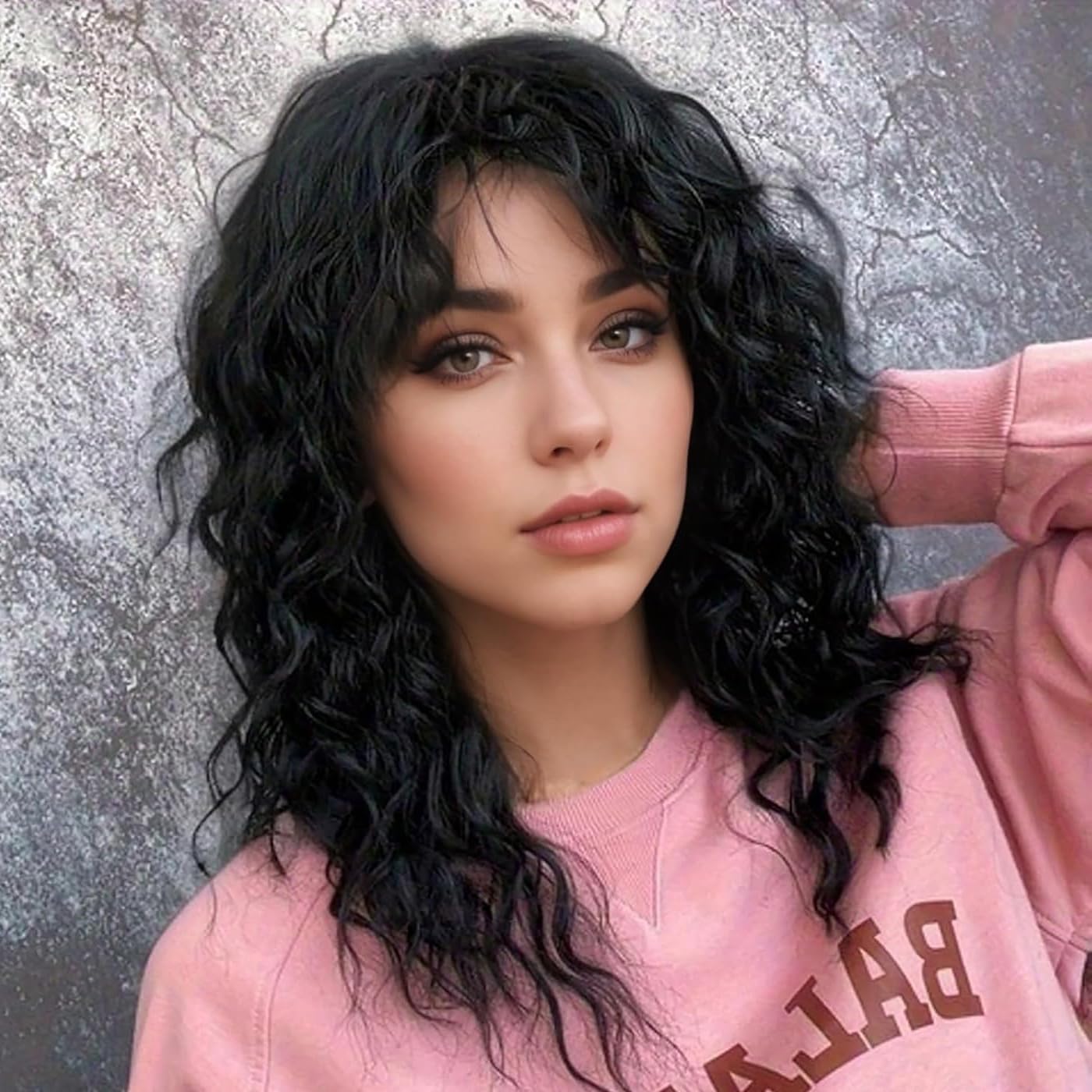 Baruisi Long Curly Wavy Women Wig with Bangs Synthetic Halloween Cosplay Party Hair Replacement Wig,Black