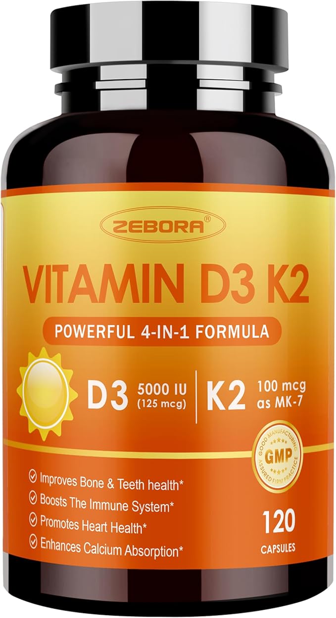 ZEBORA Vitamin D3 K2 Capsules, Bone and Heart Health Formula 5000 IU Vitamin D3 & 100 mcg Vitamin K2, Max Strength 4 in 1 Immune Support and Calcium Absorption, Gluten Free