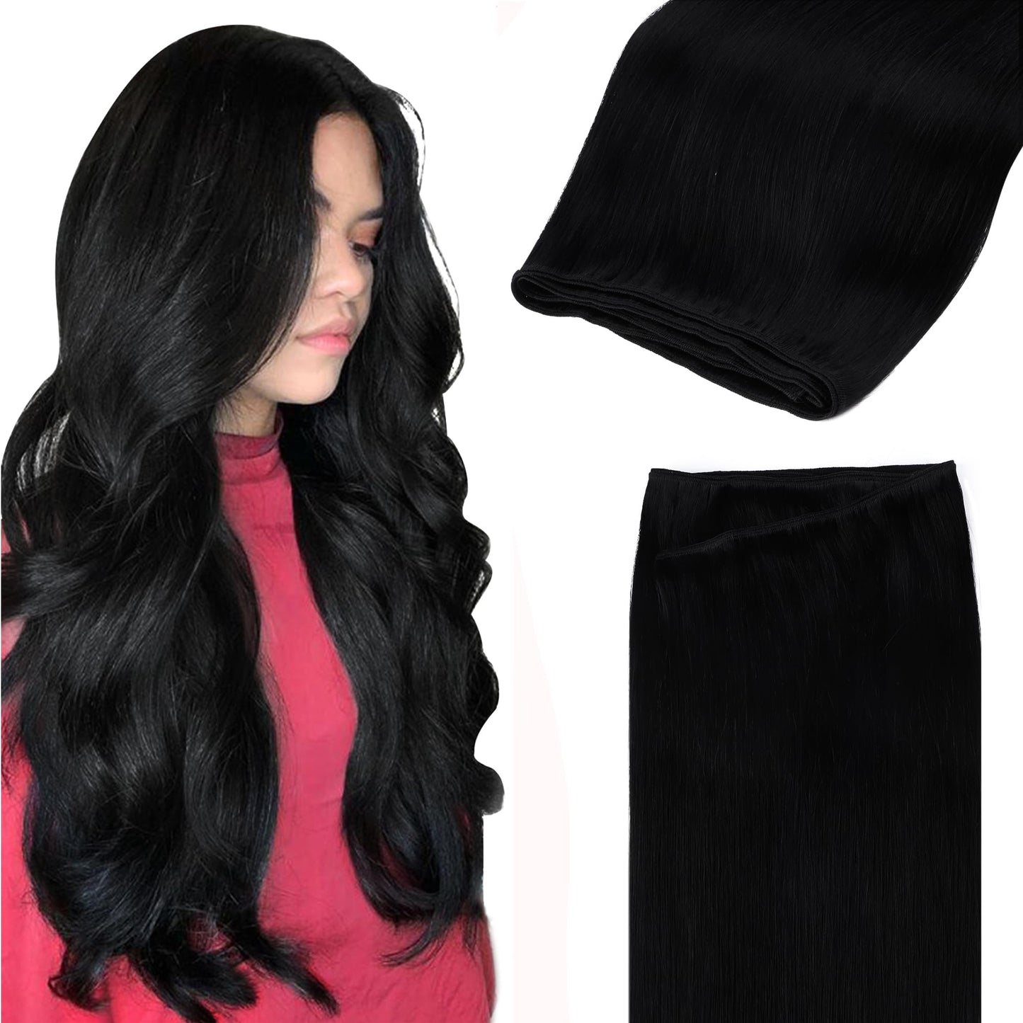 GOO GOO Sew in Hair Extensions Real Human Hair, Weft Hair Extensions Human Hair, 1 Jet black 20inch 105g, Weft Bundles Straight Silky Remy Hair