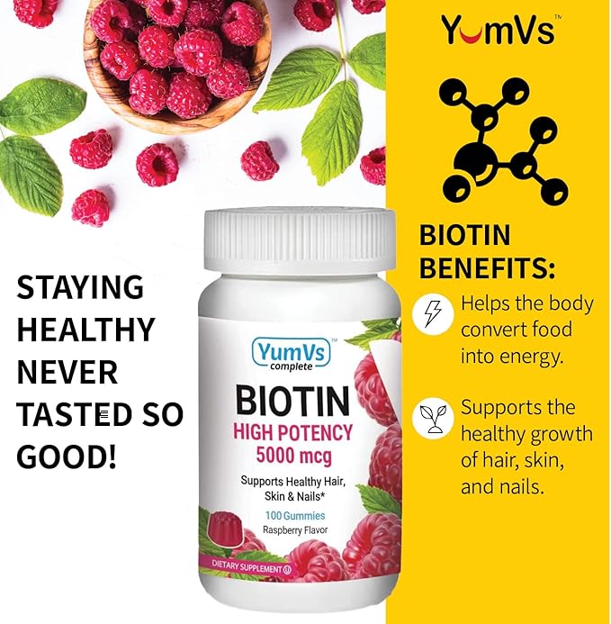 YUM-V'S High Potency Biotin Gummies by YumVs | Daily Dietary Supplement for Adults and Kids | Biotin 10000 mcg | Natural Raspberry Flavor Jellies, 100-Count | Vegetarian, Non-GMO, Kosher