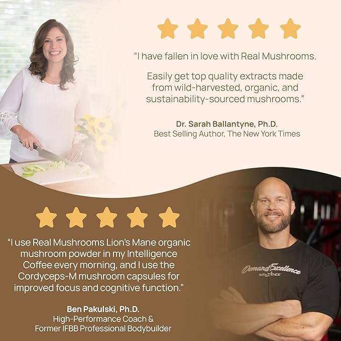 Real Mushrooms Lions Mane Powder - Organic Mushroom Extract for Cognitive Function Immune Support Brain Supplements Memory and Focus Vegan Supplement, 60 Servings