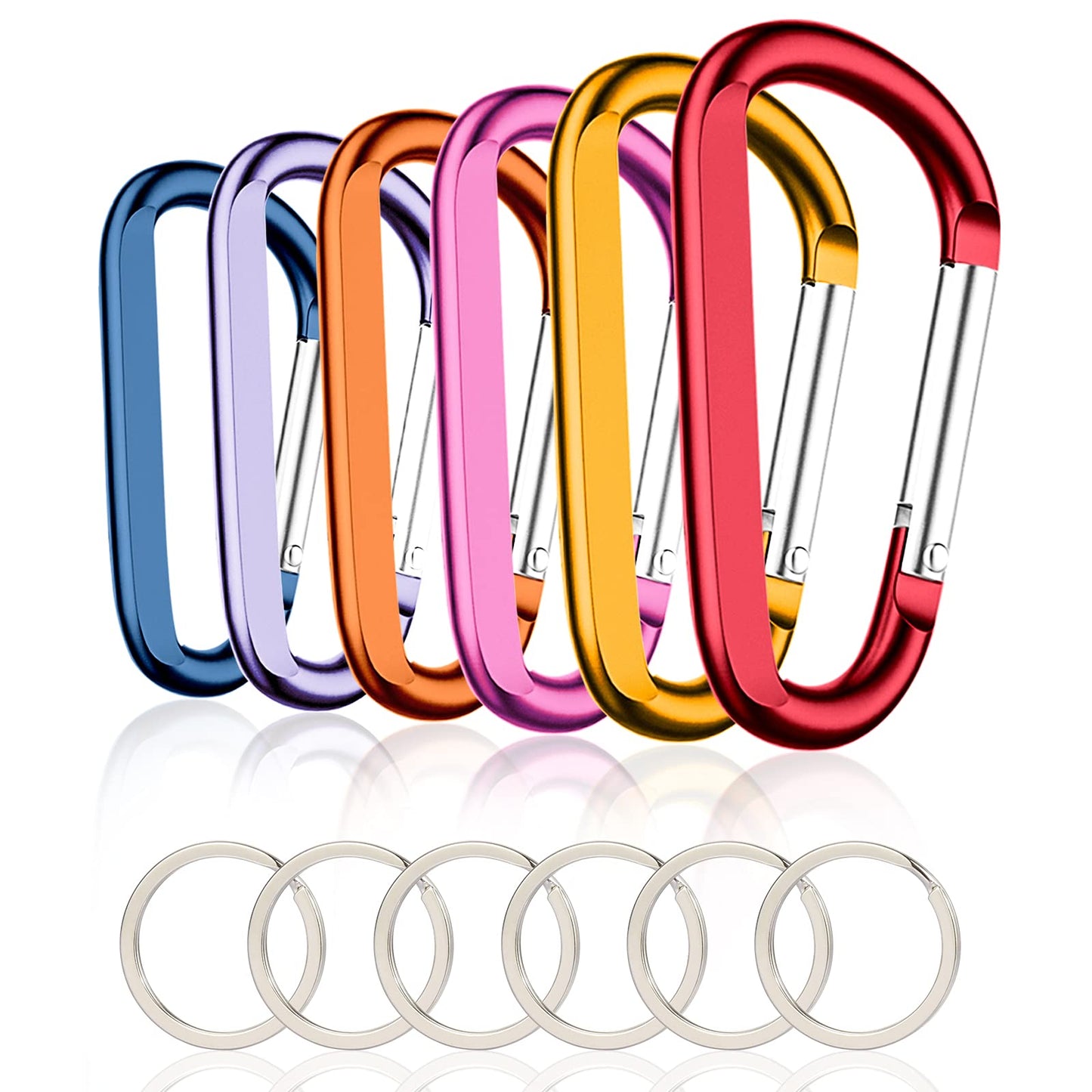 6PCS Carabiner Caribeaner Clip,3" Large Aluminum D Ring Shape Carabeaner with 6PCS Keyring Keychain Hook (Orange+Red+Yellow+Navy+Pink+Pale Purple)