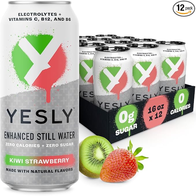Yesly Functional Water, Kiwi Strawberry, Naturally Flavored Still Water with Electrolytes, Magnesium, Potassium, Vitamin C, B6 & B12, Zero Sugar, No Artificial Sweeteners, 16 Fl Oz Cans, 12 Pack