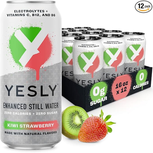 Yesly Functional Water, Kiwi Strawberry, Naturally Flavored Still Water with Electrolytes, Magnesium, Potassium, Vitamin C, B6 & B12, Zero Sugar, No Artificial Sweeteners, 16 Fl Oz Cans, 12 Pack