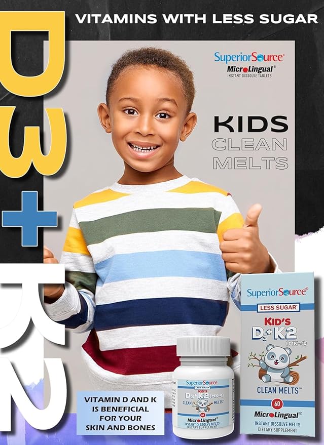 Superior Source Kid's D3 & K2 (MK-4) - Children's Multivitamin - Supports Immune System & Bone Health - Non-GMO, Preservative-Free & Dye-Free - 60 MicroLingual Instant-Dissolve Tablets