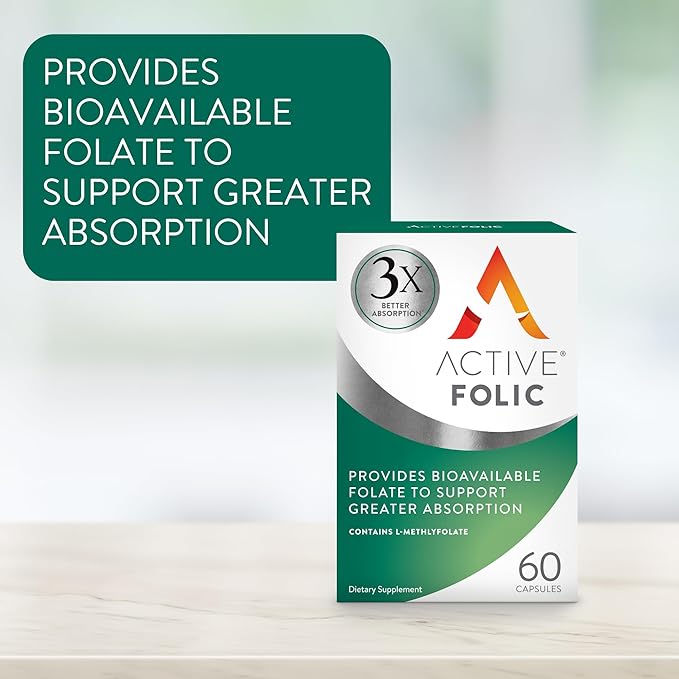 Active Folic, Folic Acid Supplement for Pregnancy, 60 Capsules, Fights Tiredness & Fatigue, 3X Better Absorption of L-Methylfolate, Vegan, Gluten Free & Sugar-Free, 2 Month Supply