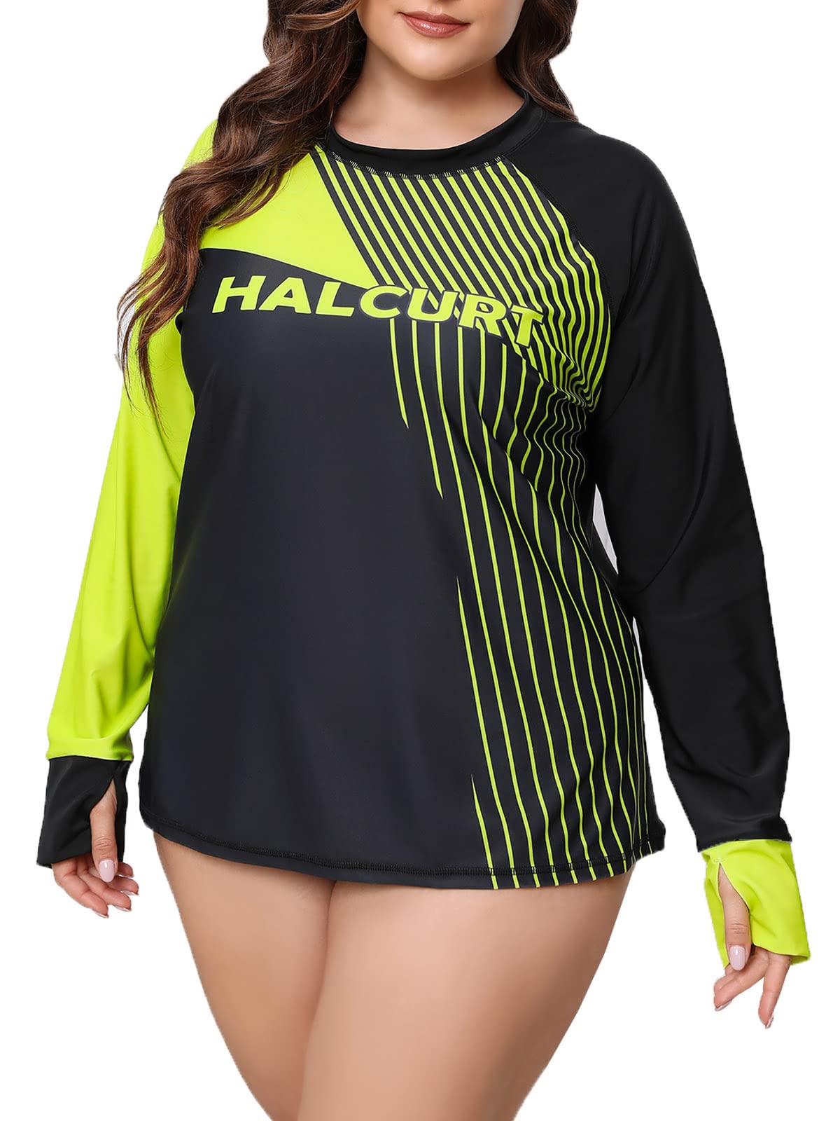 Halcurt Womens Plus Size Rash Guard Top Long Sleeve Thumb Hole Swim Shirt Neon Green Black 1X