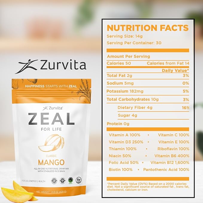 Zurvita Zeal for Life Wellness Drink Mix - Mango Flavor - Gluten-Free, Vegan, with Biotin, Vitamins B12, C, D, E, Iron, Magnesium - 30 Servings (420g)