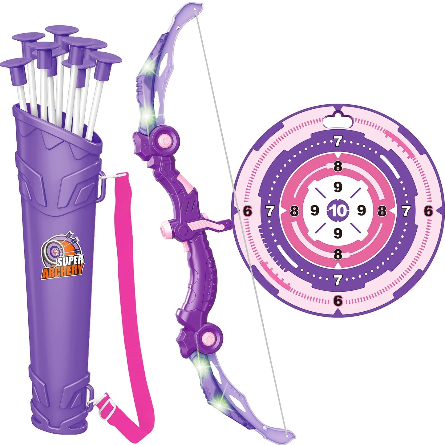 GMAOPHY Bow and Arrow Toys with LED Light Up Archery, for Girls 5 6 7 8 9 10 11 12 Year Old, Purple Indoor Outdoor Activity, Christmas Toy for Kids Girls Ages 6-8