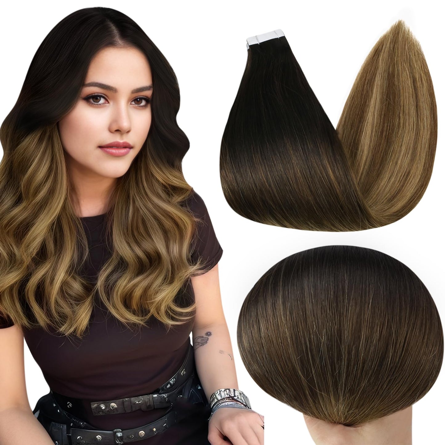 Full Shine Tape in Hair Extensions Human Hair Invisible Tape in Extensions 12 Inch Skin Weft Tape in Human Hair Extensions Color 1B Fading to 6 And 27 Blonde Hair Extensions Tape in 20 Pcs 30 Gram