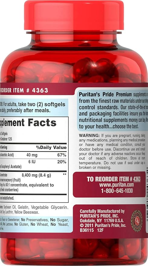 Puritan's Pride Premium Cranberry Fruit Concentrate 84 mg (4200 mg equivalent) with Vitamins C and E, Dietary Supplement for Immune System Support, 4 Month Supply, 250 Rapid Release Softgels