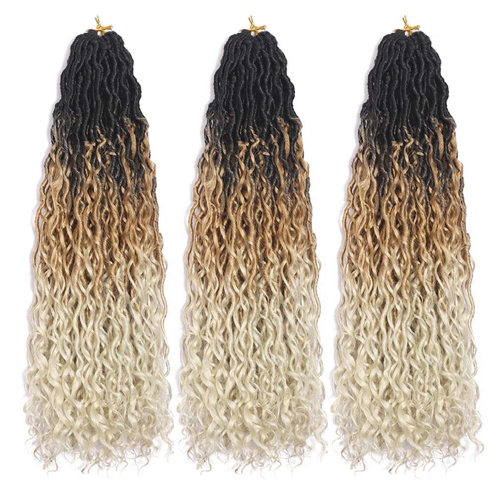 BALINGHAIR Goddess Locs Crochet Hair Ombre Black to Light Brown to Beige 22 Inch 3 Packs Bohemian Faux Locs Crochet Hair With Curly Ends Pre Looped Hair Extensions 16 Roots/Pack(1B/27/613)