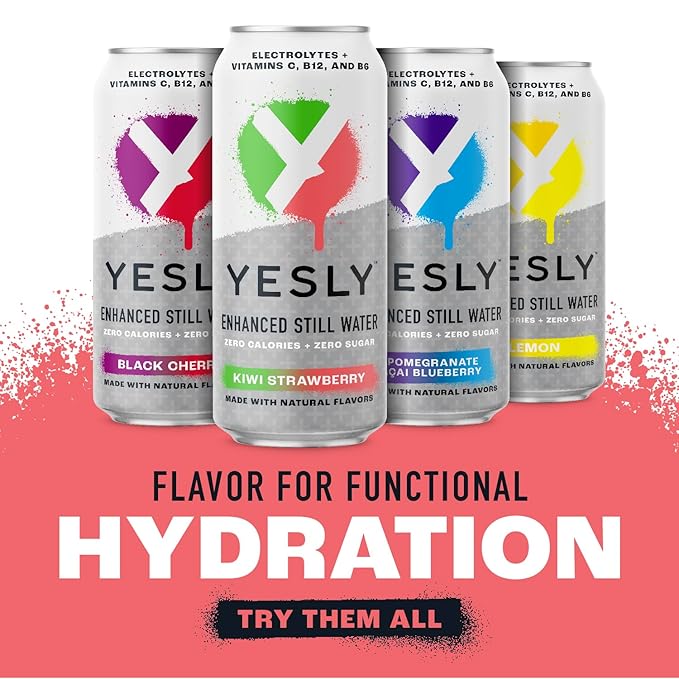 Yesly Functional Water, Kiwi Strawberry, Naturally Flavored Still Water with Electrolytes, Magnesium, Potassium, Vitamin C, B6 & B12, Zero Sugar, No Artificial Sweeteners, 16 Fl Oz Cans, 12 Pack