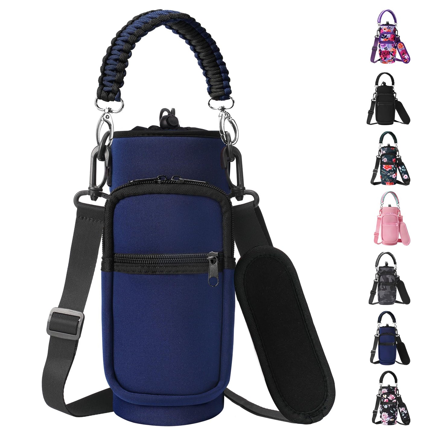 AceTreker 32 oz 40 oz Water Bottle Holder Bag with Strap, Neoprene Water Bottle Carrier with Paracord Handle, Sport Bottle Sleeve Sling Bag with Pocket for Travelling, Walking, Camping-Navy