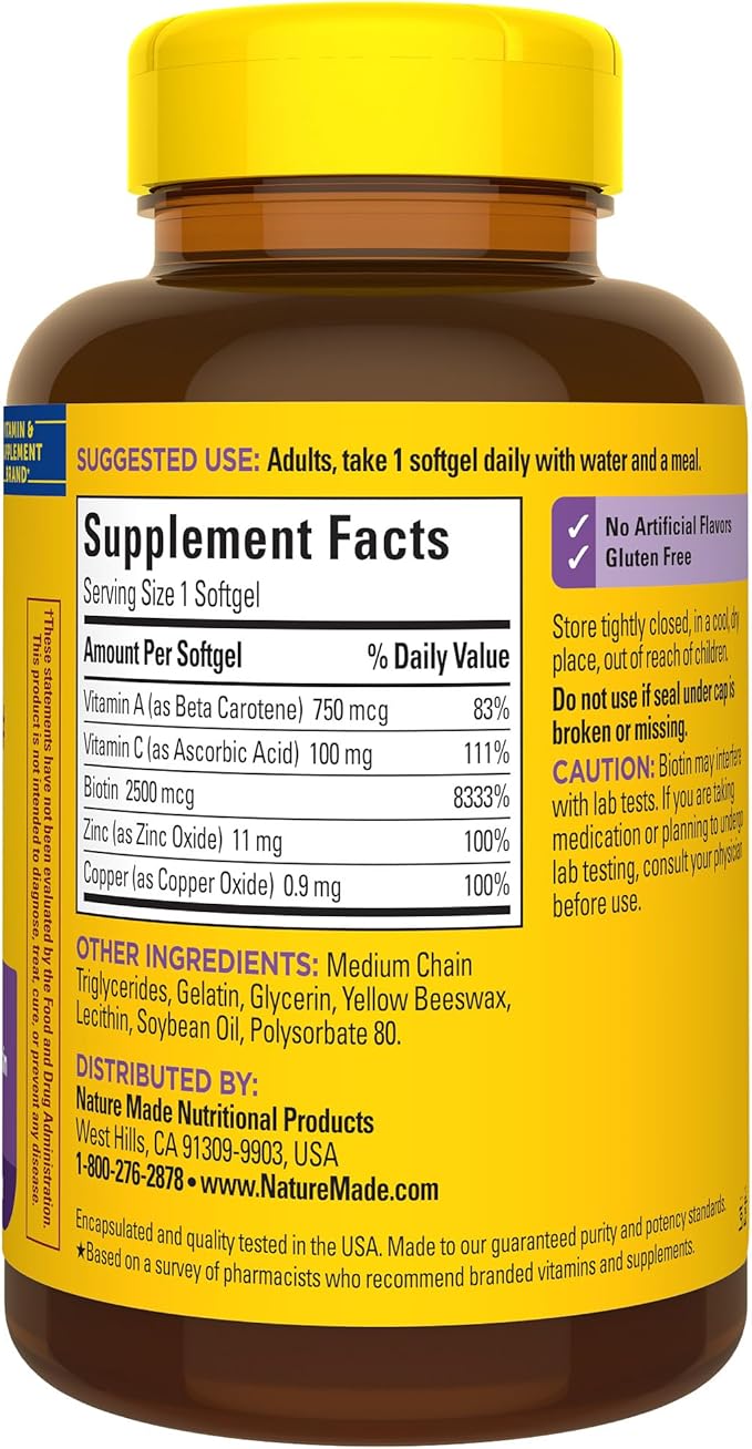 Nature Made Hair Skin and Nails with Biotin 2500 mcg, Dietary Supplement For Healthy Hair Skin and Nails Support, 120 Softgels, 120 Day Supply