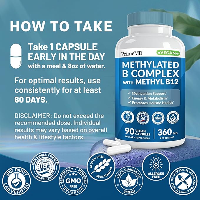 Methylated B Complex with Methylfolate and B12 Methylcobalamin 1000 mcg - Methylated Multivitamin for Energy, Brain Function, and Wellness - Vitamin B Complex for Men & Women (90 Servings) (Pack of 2)