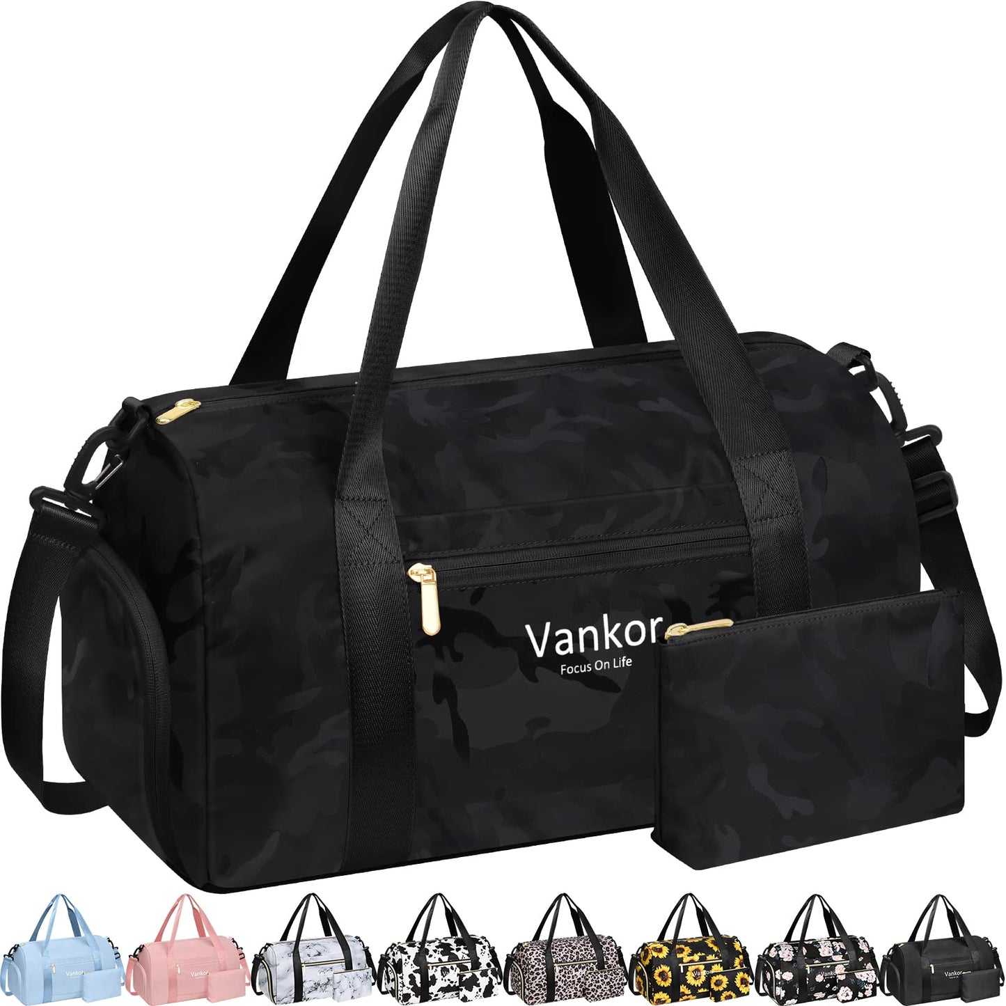 Gym Bag for Women with Shoe Compartment Waterproof, Sports Duffle Bag for Travel Duffel Weekender Carry on Beach Yoga Overnight Luggage Mommy Maternity Hospital Bag Camo Black 17.50 Inch