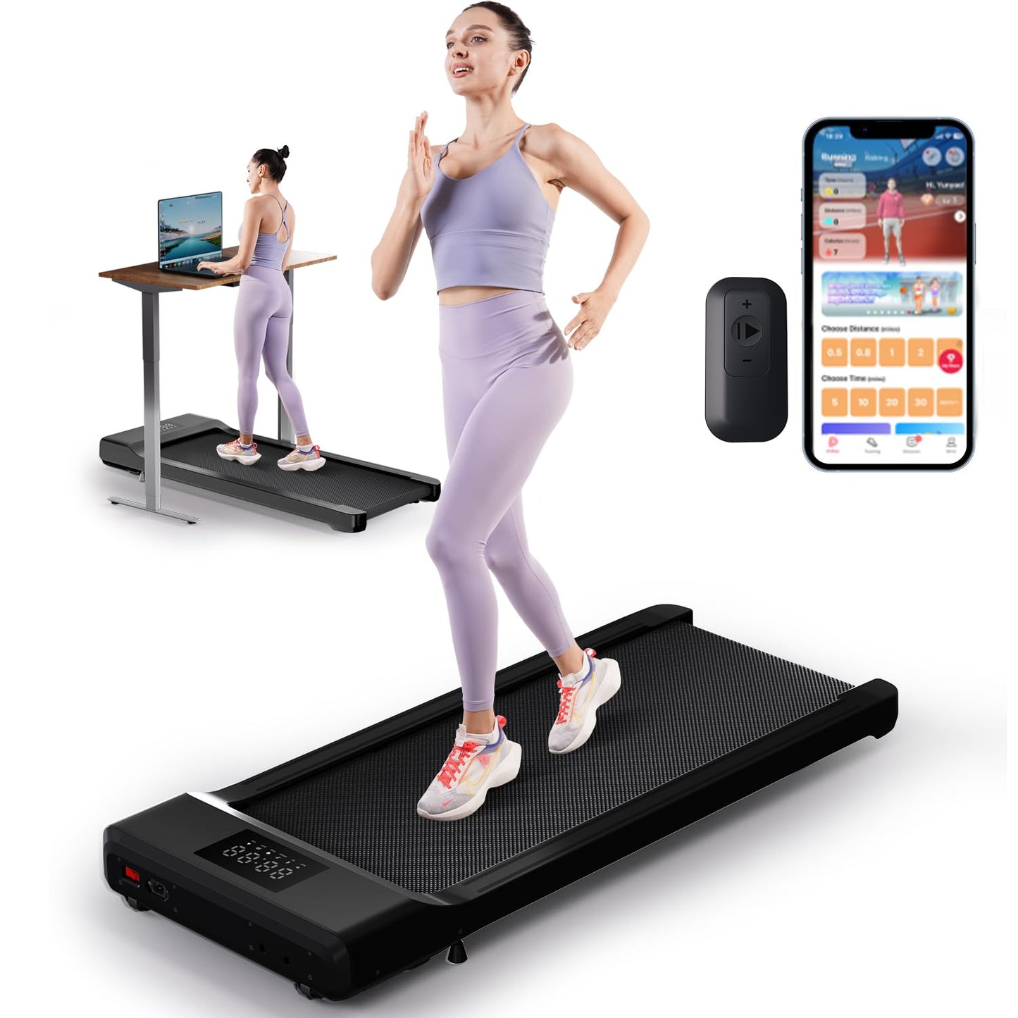 DeerRun Walking Pad 2 in 1 Under Desk Treadmill, 2.5HP Low Noise Walking Pad Running Jogging Machine with Remote Control for Home Office, Lightweight Portable Desk Treadmill Installation Free