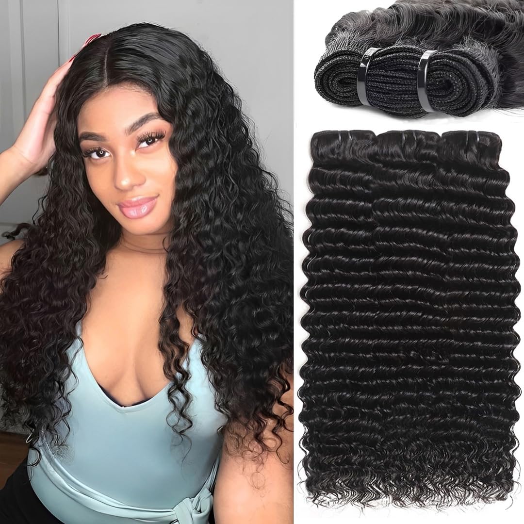 Deep Wave Human Hair Bundles 10 12 14 Inch Deep Curly Bundles Human Hair 12A Unprocessed Brazilian Virgin Weave 3 Bundles Double Weft Remy Hair Bundles Full and Thick