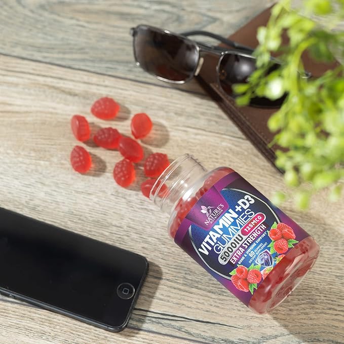 Vitamin D3 Supplement Gummy 5000 IU (125 mcg) Dietary Vitamins D for Men & Women - Bone, Teeth, Muscle and Immune Health Support, High Potency VIT D3 Nature's Non-GMO & Gluten Free - 60 Gummies