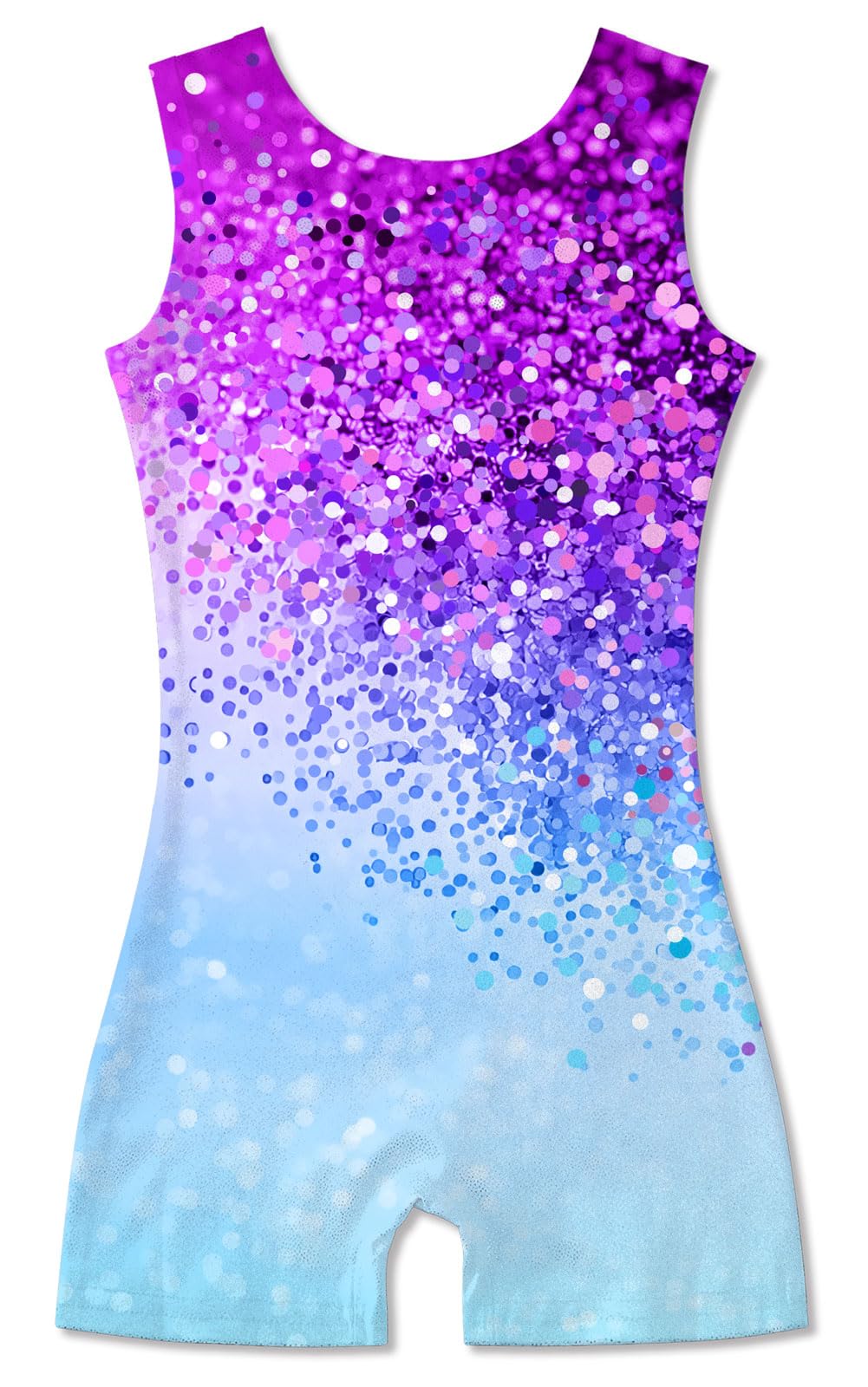 Funnycokid Gymnastics Leotards for Girls Dance Outfits Unitard Sparkly Clothes with Shorts, Diamond Purple Blue, 5-6 Years