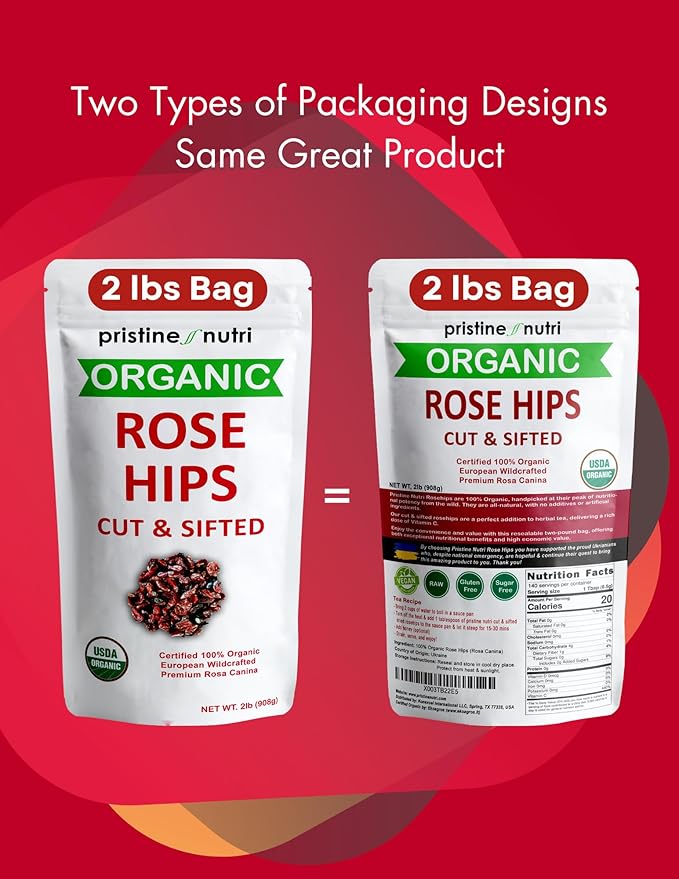 2 lb (32 oz) Rose Hips Dried Organic Bulk, Organic Rosehips Cut & Sifted, 95% Seedless, European All Natural, Rosehips Dried Organic Bulk, Makes 140 Cups of Vitamin C Rich Tea (packaging may vary)