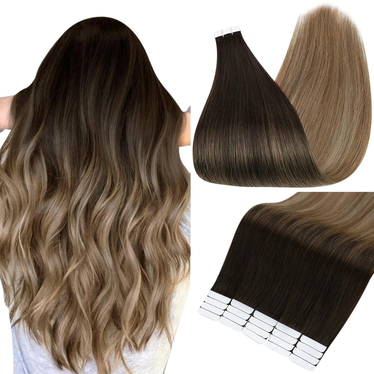 Full Shine Tape in Hair Extension Human Hair 12 Inch Adhesive Hair Extensions Tape in Hair Color 2 Brown Fading to 6 and 18 Ash Blonde Natural Tape on Hair Extension 20Pcs Tape for Extensions 30 Gram