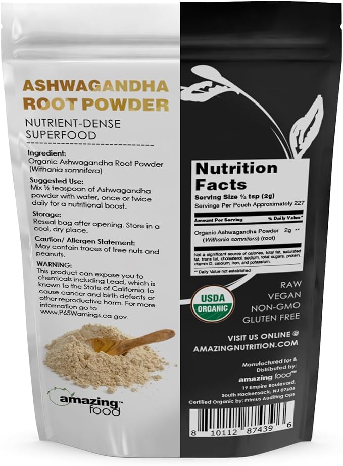 Amazing Food Ashwagandha Root | 1 Lb Powder | USDA Certified Organic Supplement | Vegan | Non-GMO | Gluten Free | Made in USA