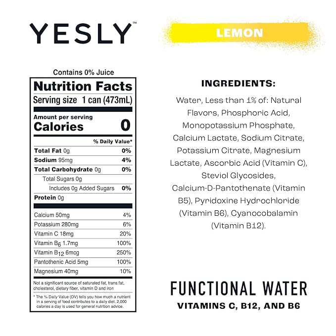 Yesly Functional Water, Lemon, Naturally Flavored Still Water with Electrolytes, Magnesium, Potassium, Vitamin C, B6 & B12, Zero Sugar, No Artificial Sweeteners, Caffeine Free, 16 Fl Oz Cans, 12 Pack