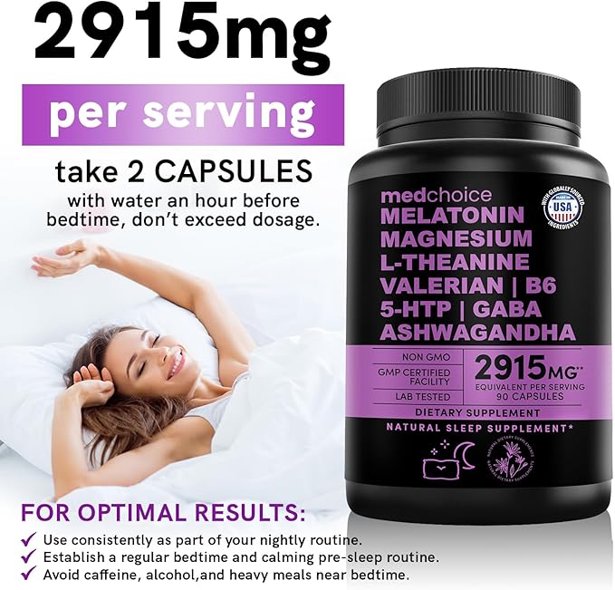 12-in-1 Melatonin Sleep Capsules - Natural Sleep Aids for Adults with Melatonin 5mg and Magnesium Glycinate 500mg, Sleep Aid with Ashwagandha, L Theanine, Valerian Root, GABA, 5-HTP (90ct, Pack of 4)