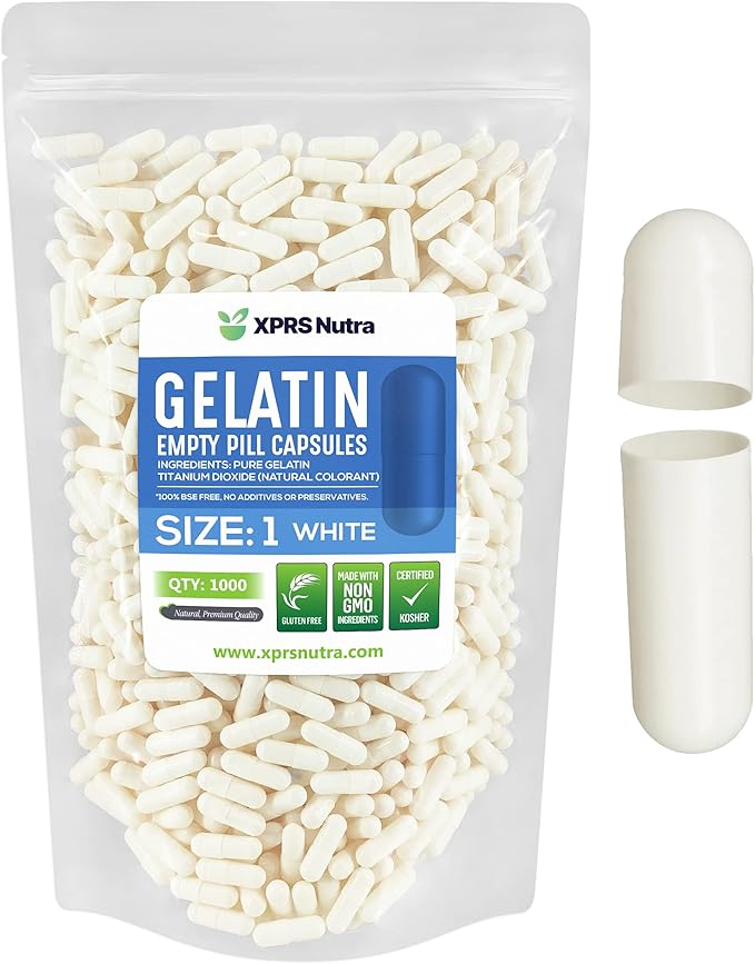XPRS Nutra Size 1 Empty Capsules - 1000 Count Empty Gelatin Capsules - Pills DIY Capsule Filling - Pure Bovine Pill Gel Caps for Do-It-Yourself Supplements (White)
