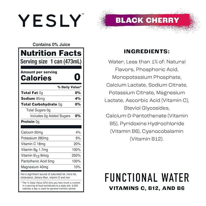Yesly Functional Water, Black Cherry, Naturally Flavored Still Water with Electrolytes, Magnesium, Potassium, Vitamin C, B6 & B12, Zero Sugar, No Artificial Sweeteners, 16 Fl Oz Cans, 12 Pack