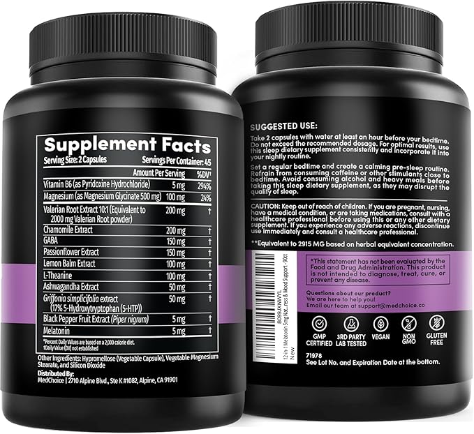 12-in-1 Melatonin Sleep Capsules - Natural Sleep Aids for Adults with Melatonin 5mg and Magnesium Glycinate 500mg, Sleep Aid with Ashwagandha, L Theanine, Valerian Root, GABA, 5-HTP (90ct, Pack of 4)