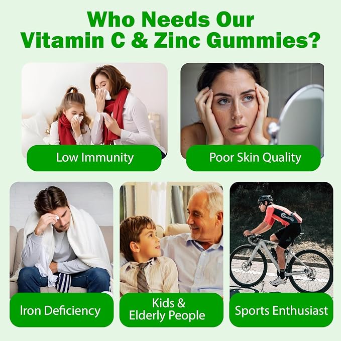 Organic Vitamin C Gummies for Adults - Chewable Vitamin C with Zinc & Iron and Vitamin D3 5000iu for Women Men - Immune Support Supplement Gummies