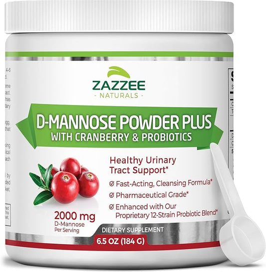 Zazzee D-Mannose Powder Plus, 2000 mg, 67 Servings, Potent & Fast-Acting, Plus 5 Billion CFU Probiotics and Pure Cranberry Juice Extract, Free Scoop, 6.5 Oz, Vegan, Gluten-Free, Non-GMO, All-Natural