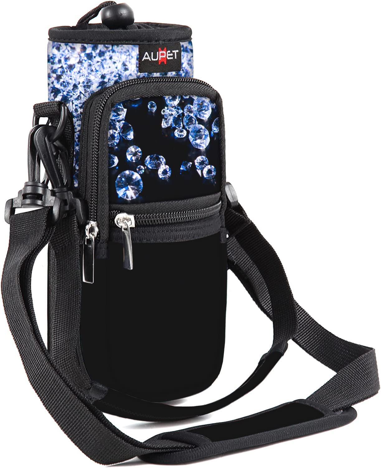AUPET Water Bottle Sling Bag Sleeve Holder Carrier 25/32/40/64 oz,Insulated Crossbody Water Bottle Case Cover with Strap and Pockets for Men/Women Walking Hiking Camping (25oz, shinning Diamonds)