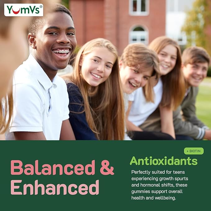 YUM-V'S Teen Multivitamin Gummies with Biotin and Antioxidants - Raspberry Flavor - Hair Skin Nails Support - Vegetarian Kosher Teen Vitamins for Boys and Girls 12-17 - 60 Count (Pack of 2)