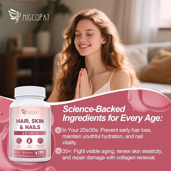 25-in-1 Formula Hair, Skin & Nails Supplement with Biotin 10,000mcg, Collagen, Vitamin B, C, D3, E, Folate, Iron for Women