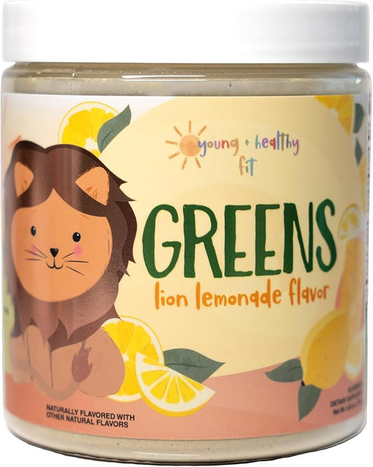 Young + Healthy Fit Kids Greens Powder, 30 Servings, Lion Lemonade, Superfood Drink Mix With Fiber for Digestive Health, Organic Fruits & Vegetables, Antioxidants, Real Food Ingredients, Ages 2+