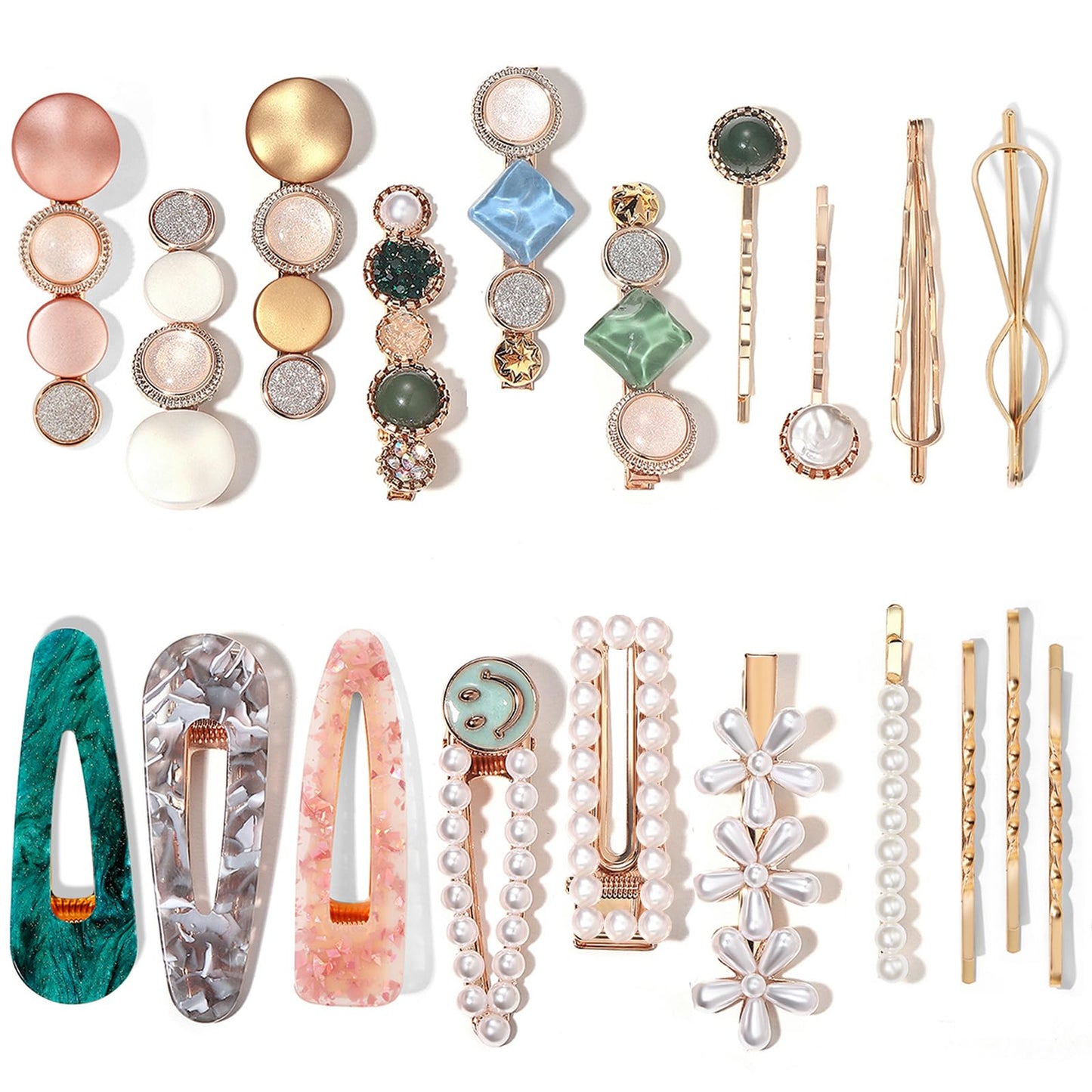 Mehayi 20 PCS Pearls and Acrylic Resin Hair Clips, Handmade Hair Barrettes, Marble Alligator bobby pins, Glitter Crystal Geometric Hairpin, Elegant Gold Hair Accessories, Gifts for Women Girls