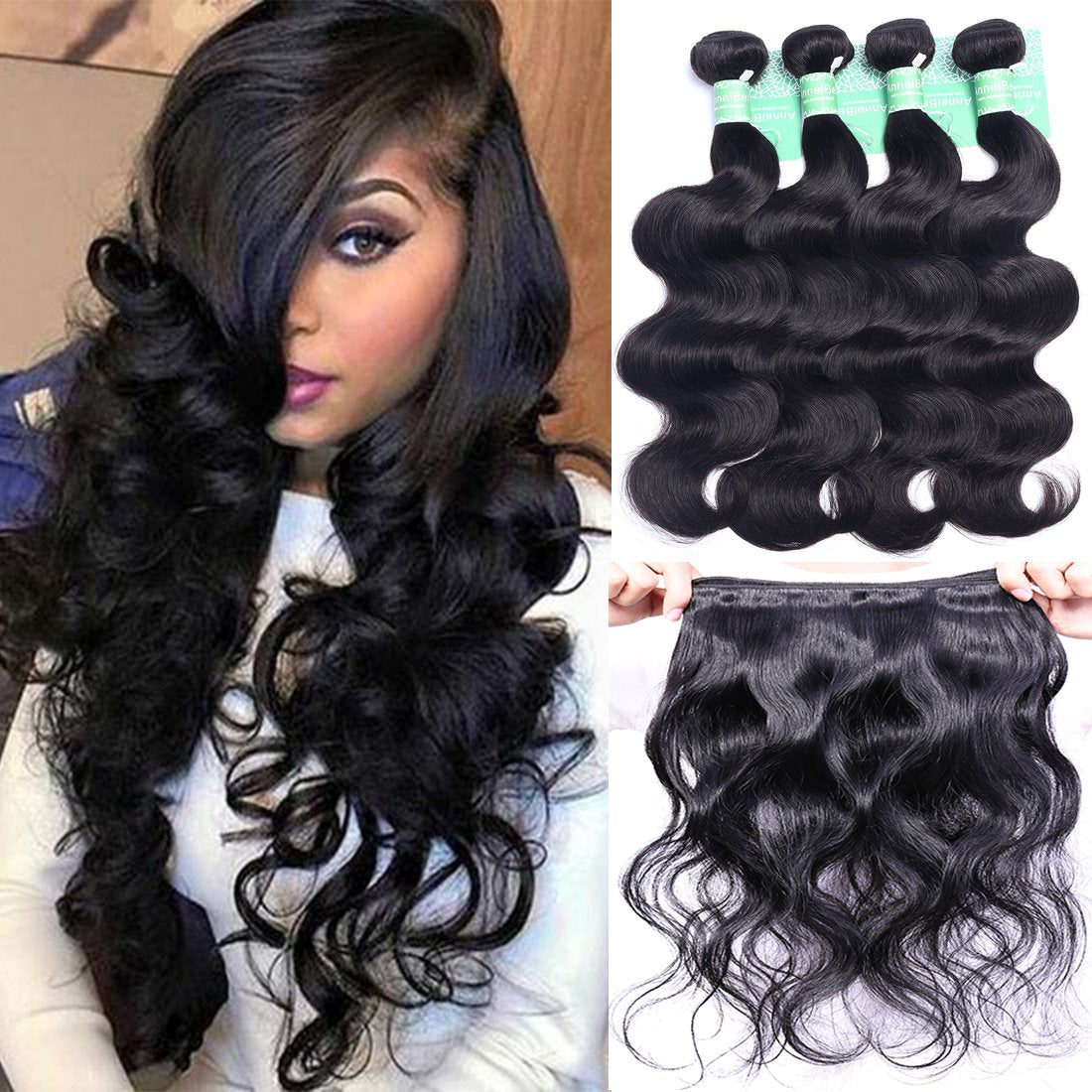 ANNELBEL Brazilian Hair 4 Bundles Body Wave 8A Virgin Unprocessed Human Hair Bundles Remy Human Hair Extensions Weave - Wavy Hair, Double Weft, Natural Black, (10", 50g)/Bundle