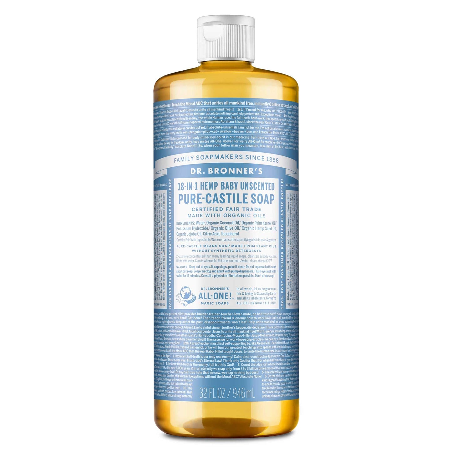 Dr. Bronner's Pure Castile Liquid Soap - Made with Regenerative Organic Certified Oils - 18-in-1 Uses for Face, Body, Hand Gentle on Baby & Sensitive Skin Body Wash Unscented,32oz