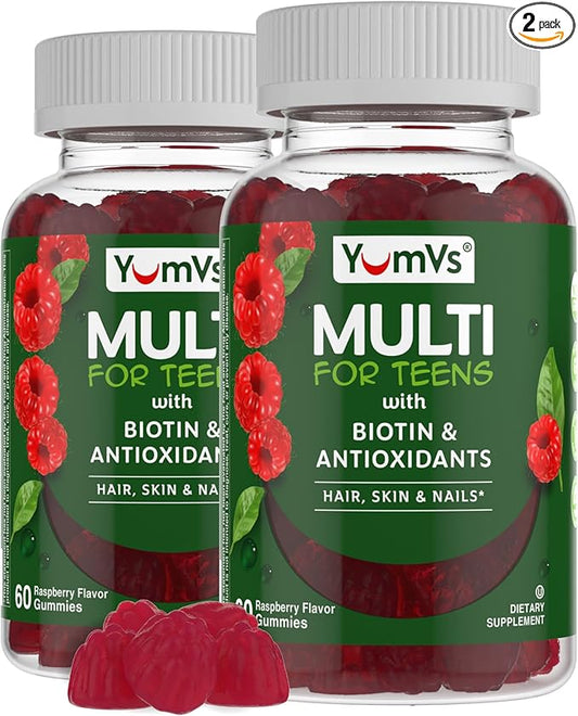 YUM-V'S Teen Multivitamin Gummies with Biotin and Antioxidants - Raspberry Flavor - Hair Skin Nails Support - Vegetarian Kosher Teen Vitamins for Boys and Girls 12-17 - 60 Count (Pack of 2)